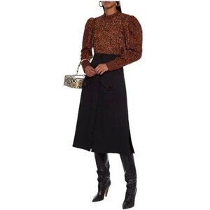 Ulla Johnson Vesna Pintucked Leopard Print Puff‎ Sleeve Cotton Blouse Size 4